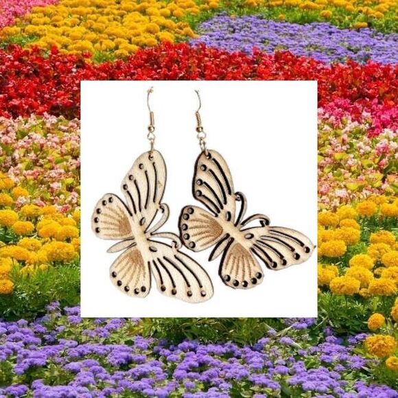 NEW BUTTERFLY Earrings Laser Cut Lightweight Whitewashed Wood NWT - Picture 4 of 8